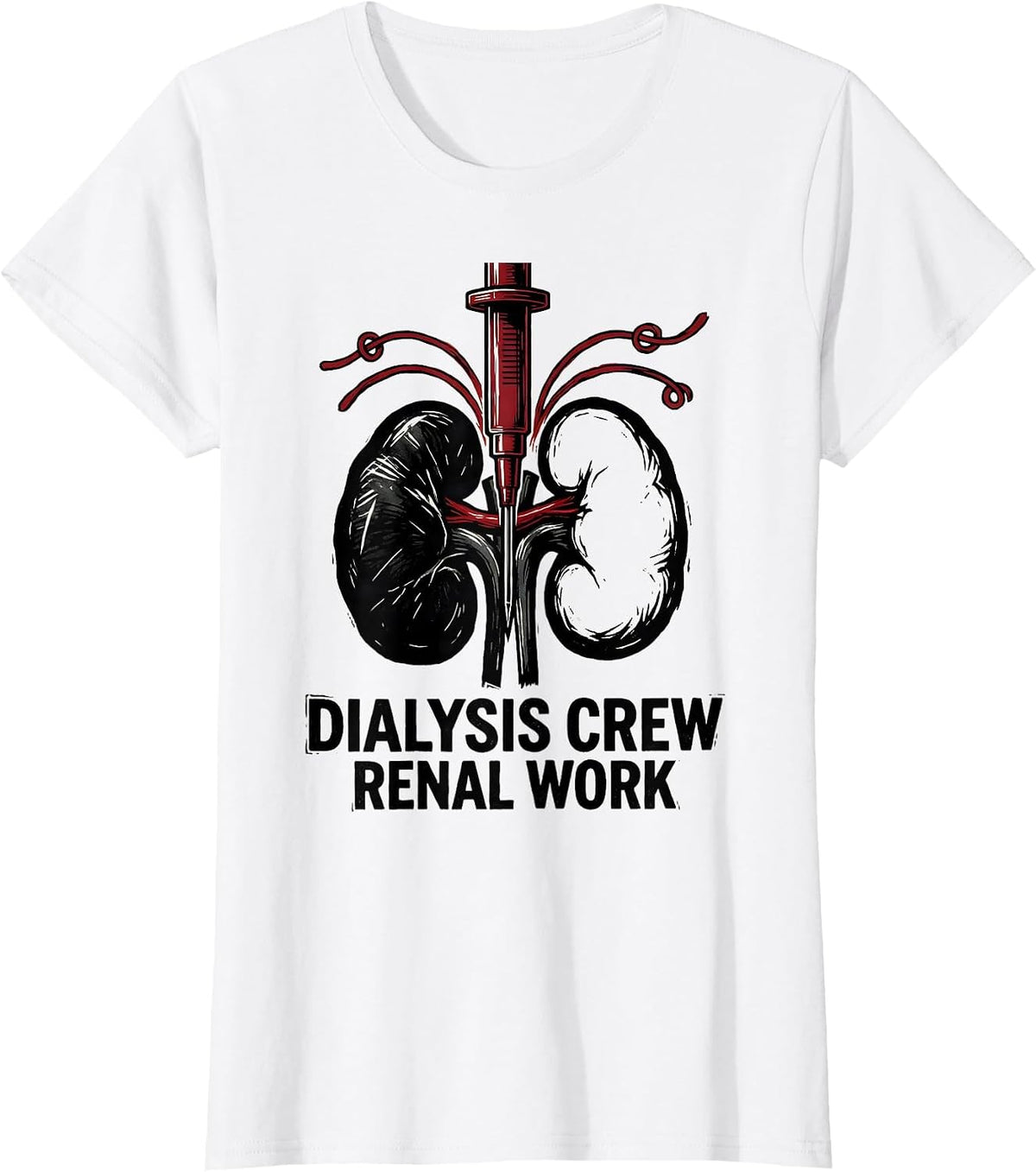 Women's Dialysis Crew Renal Work Linocut Nephrology Nurse Gift T-Shirt - White