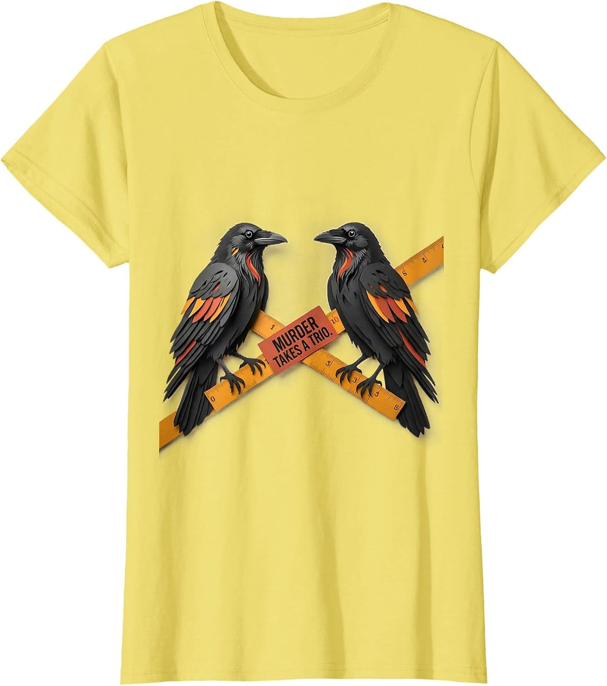 Murder Takes A Trio Paper-Cutout Crow Humor Gothic Literary T-Shirt - Lemon Yellow