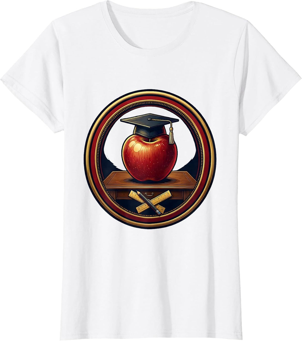 Women's Preschool Teacher Apple Graduation Cap Desk Art T-Shirt - White