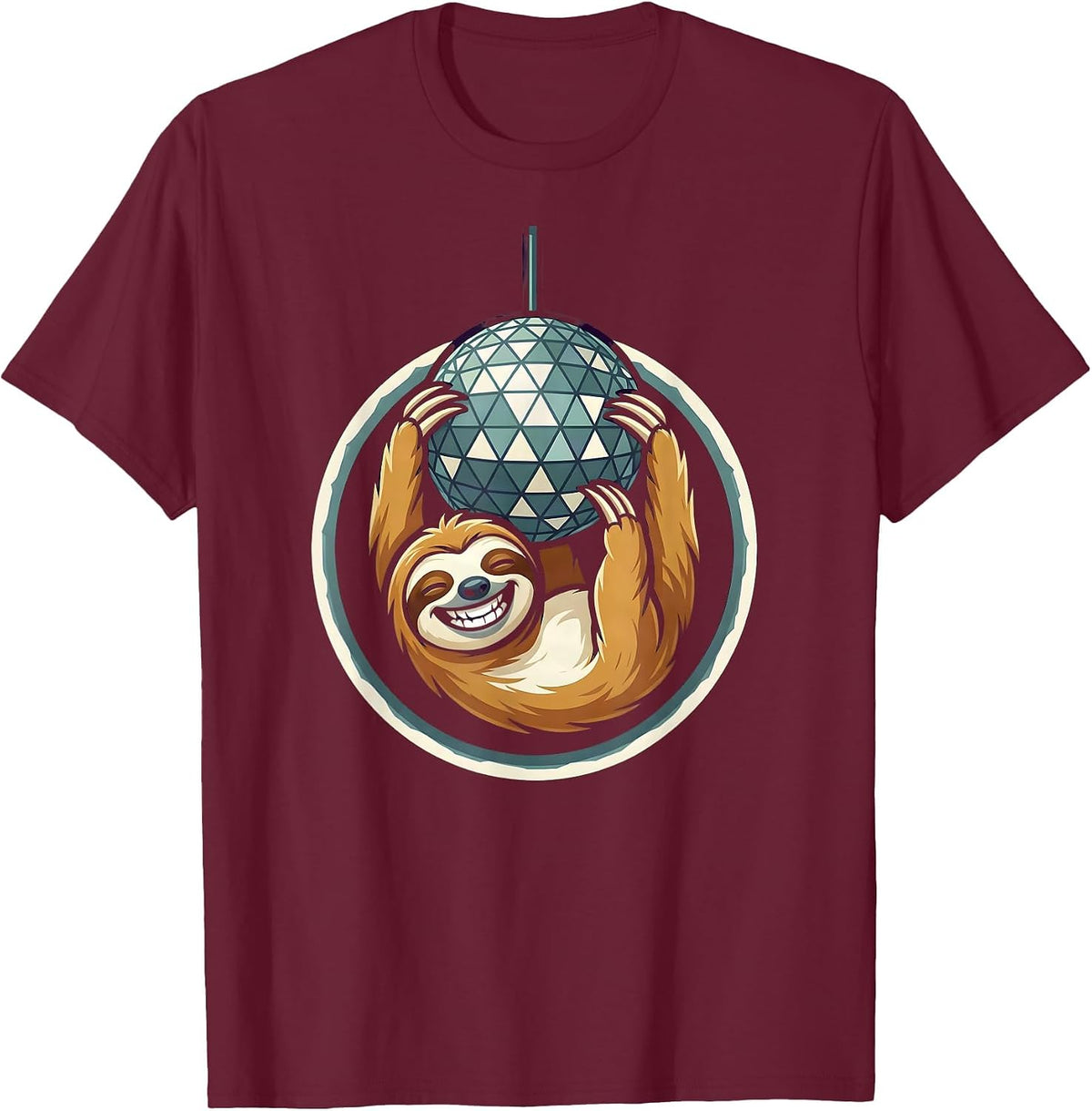 Party Animal Sloth Hanging From a Disco Ball T-Shirt - Burgundy