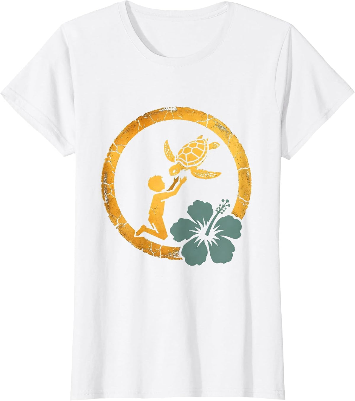 Women's Hawaiian Boy Releasing Sea Turtle Ocean Graphic T-Shirt - White