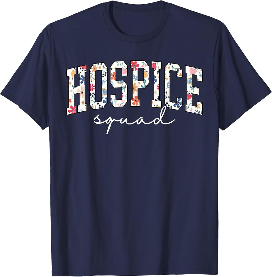 Hospice Squad Floral Nurse Week Palliative Care Hospice Aide T-Shirt - Navy Blue