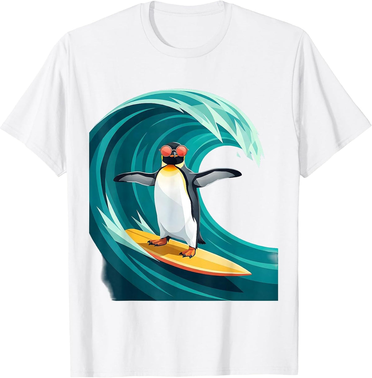 Men's Penguin in Sunglasses Surfing Ocean Wave T-Shirt - White
