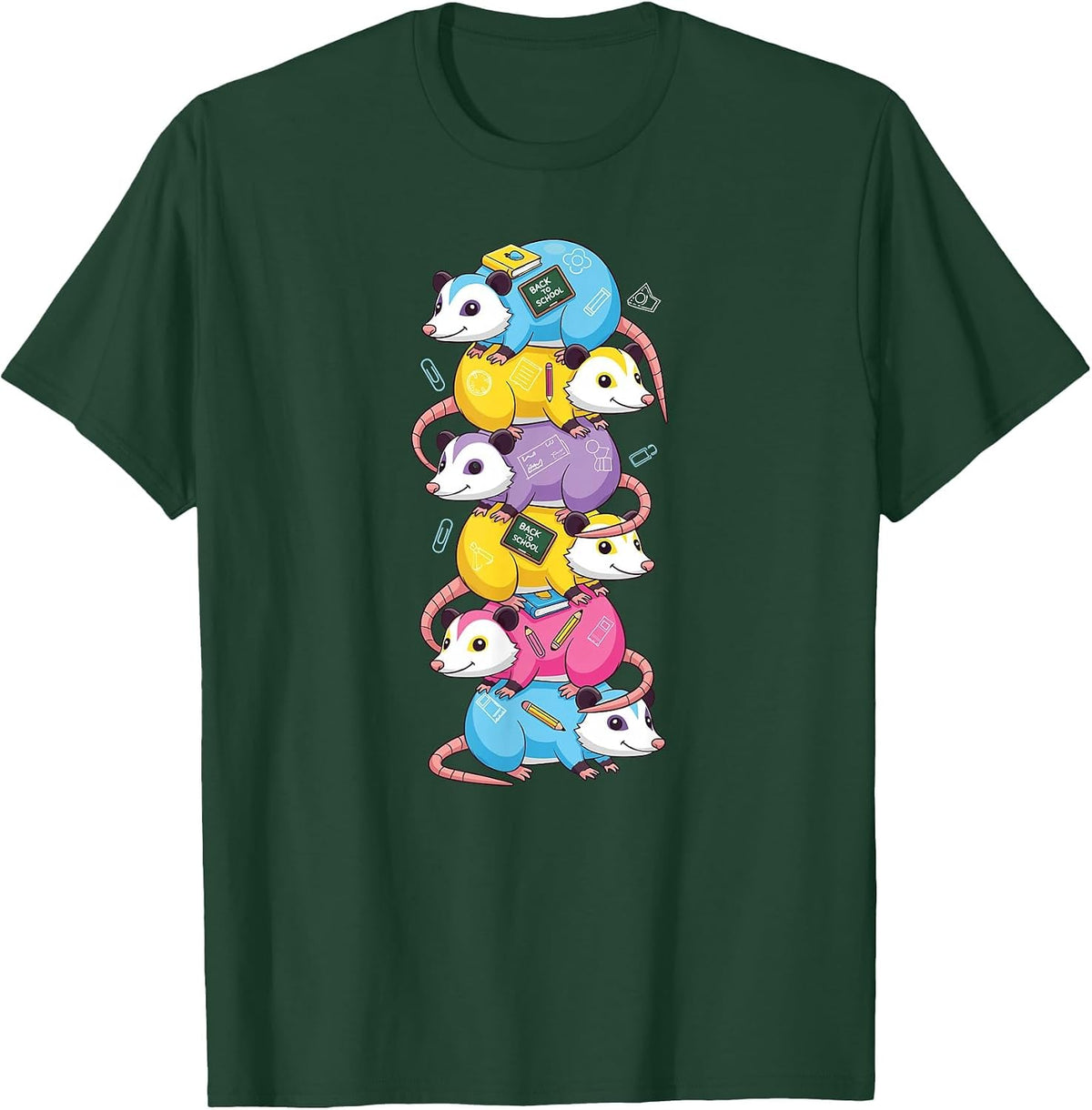 Funny Possum Colorful Rainbow Back to School Kids Boys Girls T-Shirt - Dark Green