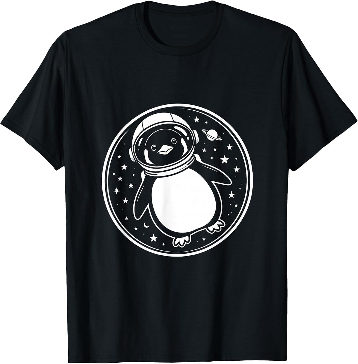 Men's Penguin Astronaut Floating in Space Illustration T-Shirt - Black