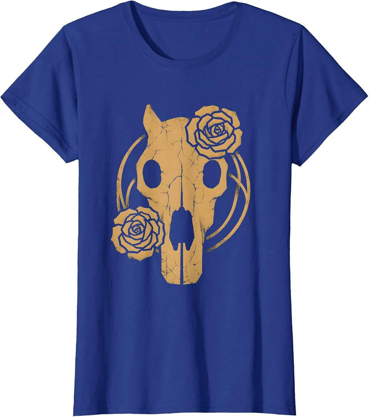 Women's Horse Skull Rose Vines Gothic Floral Art T-Shirt - Royal Blue