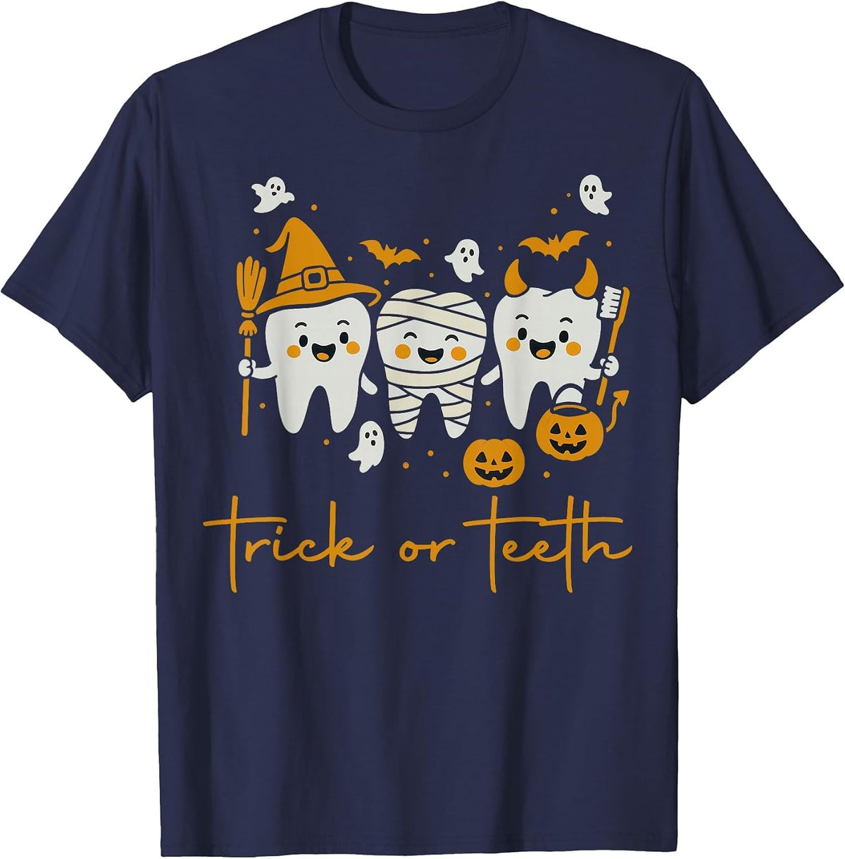 Funny Trick Or Teeth Dental Squad Halloween Dentist T-Shirt - Navy Blue