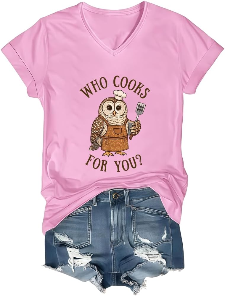 Who Cooks for You Owl Shirt Funny Barred Owl Chef Bird Lover Tee - V-neck Pink