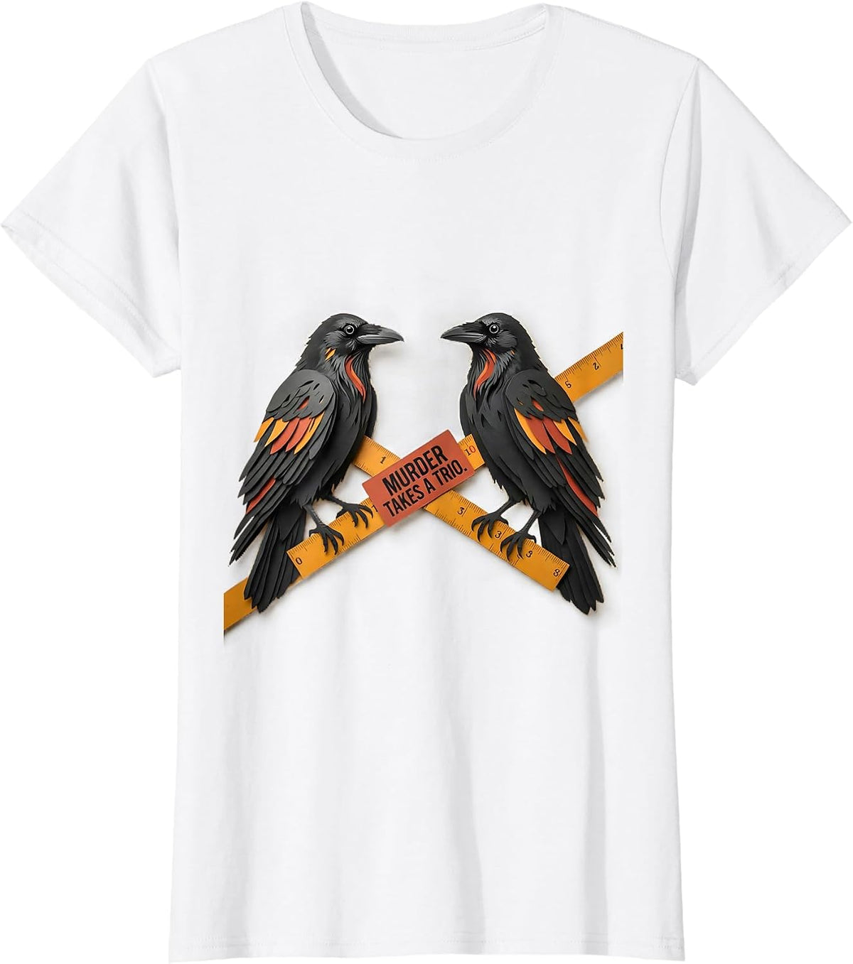 Murder Takes A Trio Paper-Cutout Crow Humor Gothic Literary T-Shirt - White