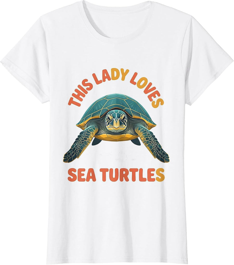 Women's This Lady Loves Sea Turtles Flat Vector Sea Turtle Lover T-Shirt - White