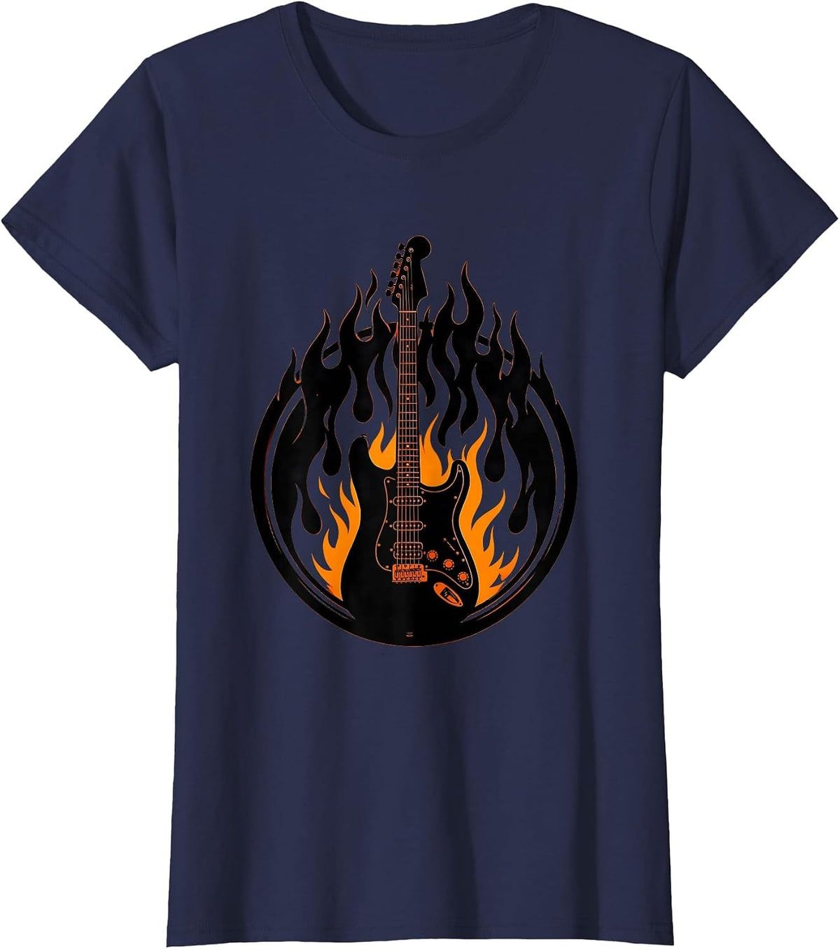 Women's Flaming Electric Guitar Rock Music Graphic T-Shirt - Navy Blue