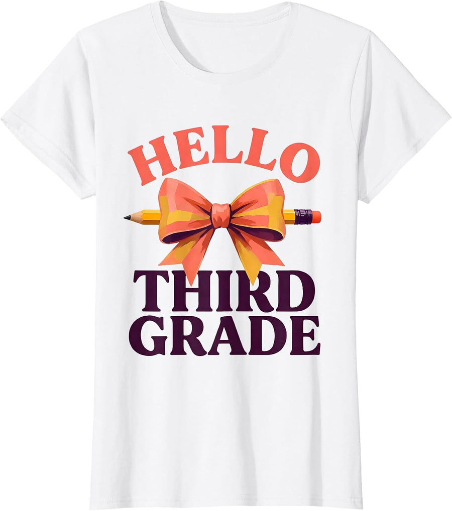 Women's Hello, Third Grade Cute Coquette Bow Back to School Gift T-Shirt - White