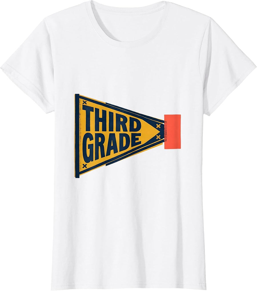Women's Third Grade Screenprint Pennant Back To School Girl Student T-Shirt - White
