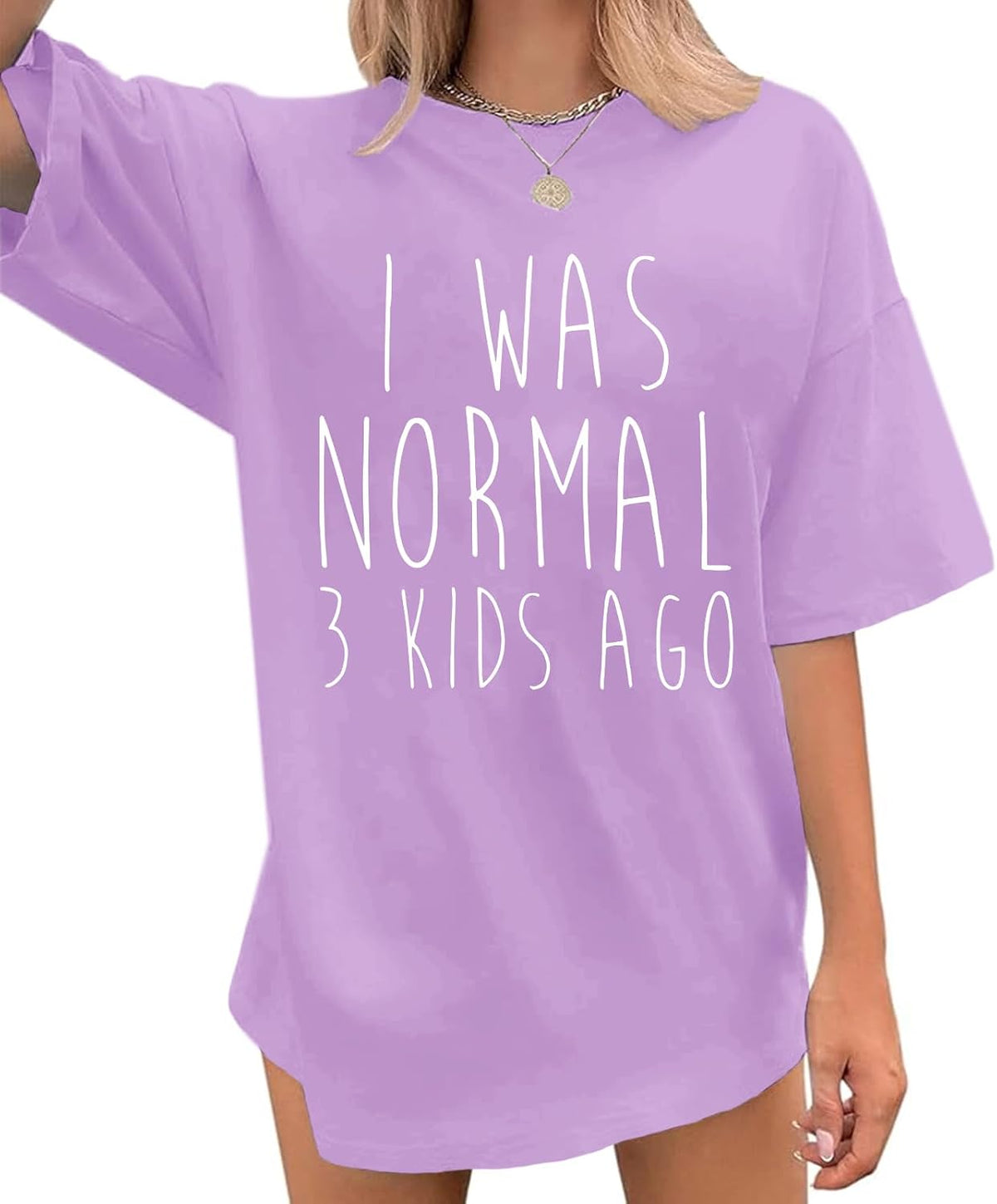 Funny Mom Shirts for Women Mama Tshirt Mommy I was Normal 3 Kids Ago Shirt Oversized Graphic Crewneck Tees - Purple