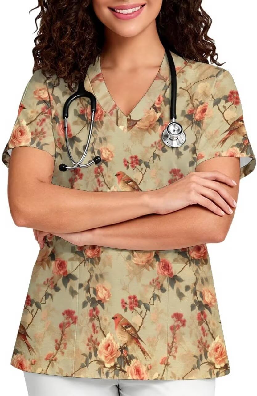 Women V-Neck Scrub Top, Soft Stretch Printed Medical Nurse Uniform - Rose & Bird