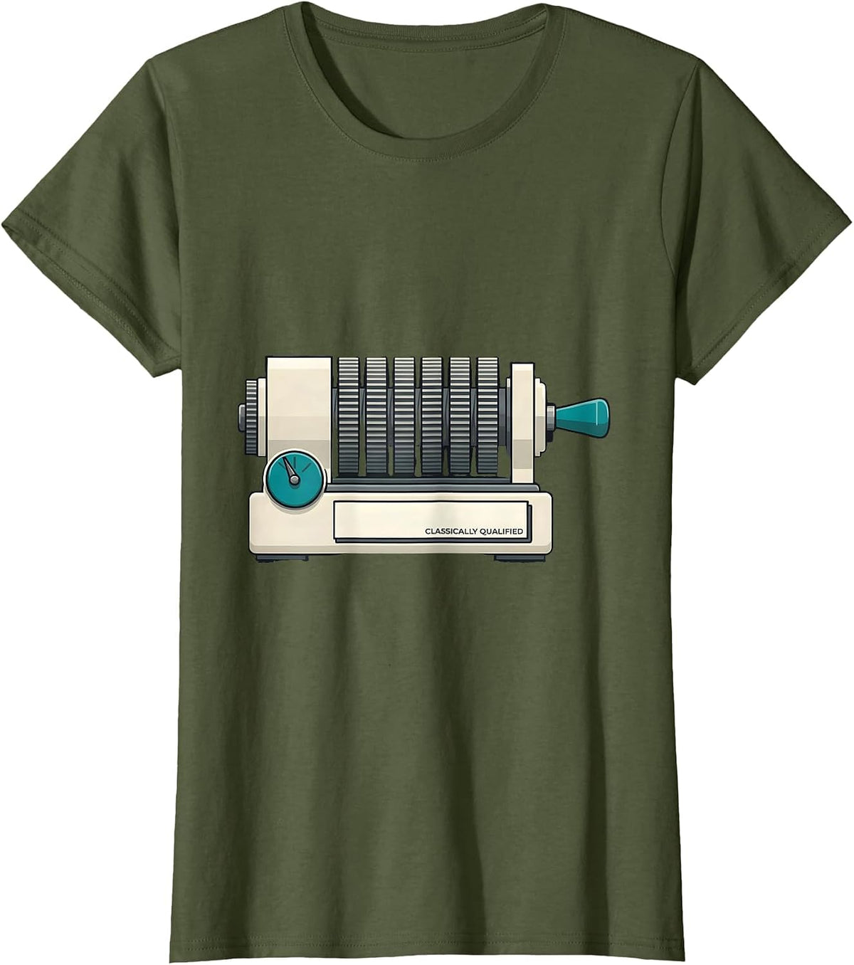 Women's Classically Qualified Retro Mechanical Analog Calculator T-Shirt - Olive Green