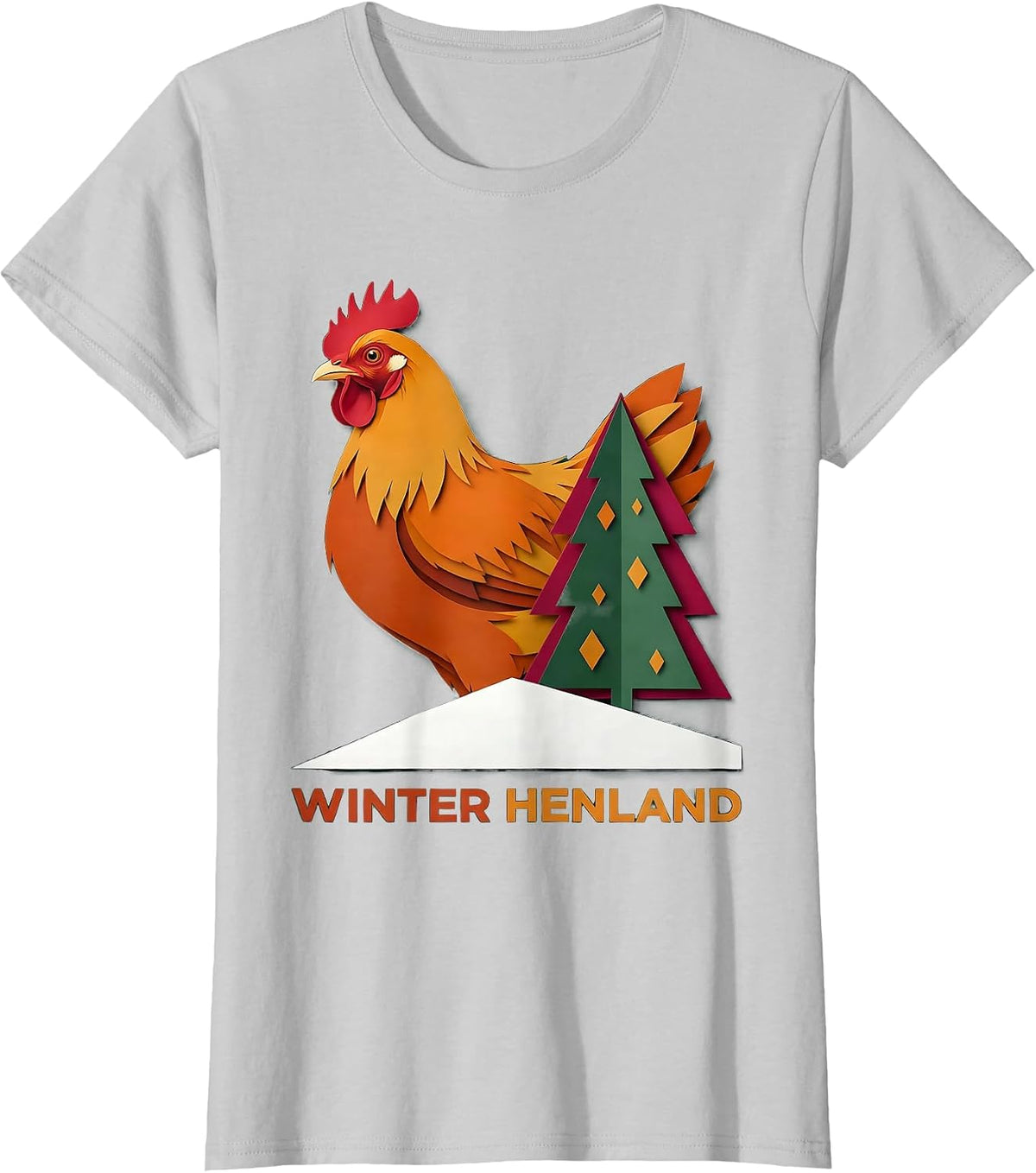 Women's Winter Henland Paper Cutout Funny Chicken Lover Christmas T-Shirt - Silver Grey