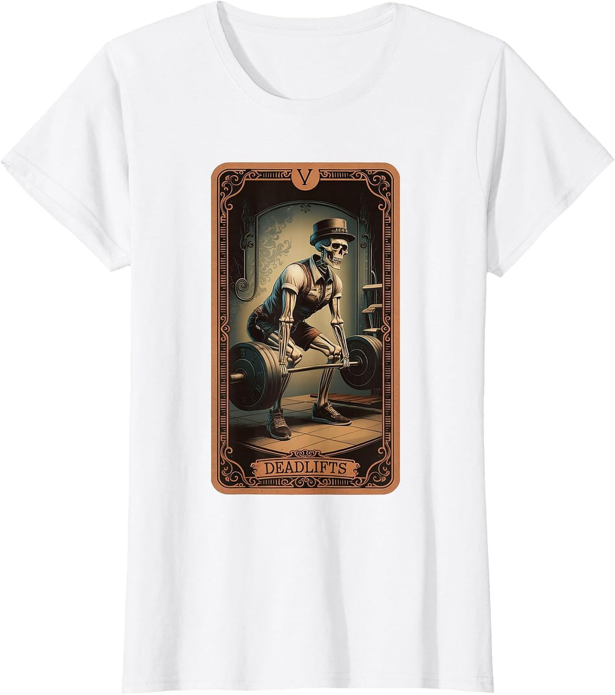 Tarot Card Skeleton Deadlifts Powerlifting Weightlifting Gym T-Shirt - White
