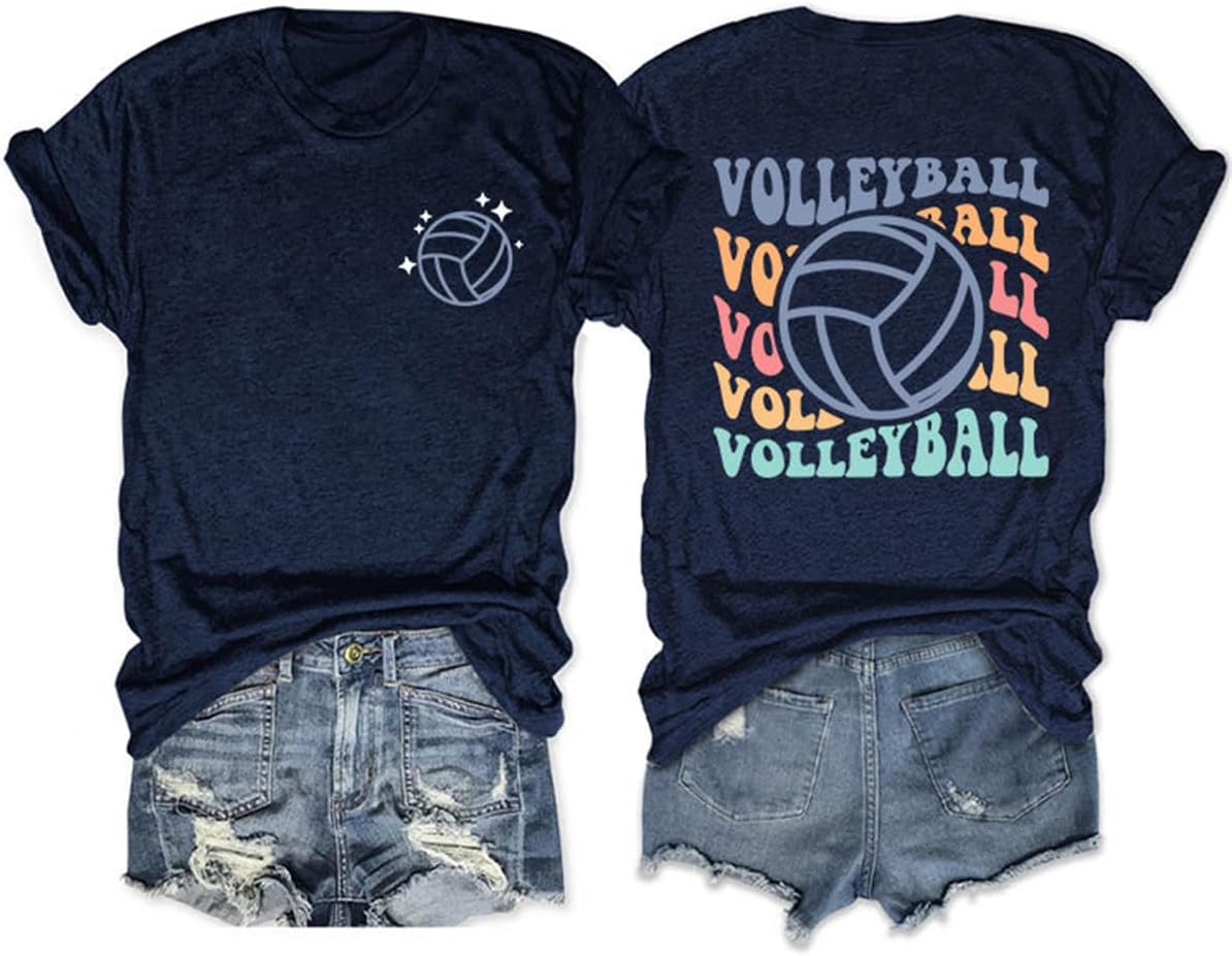 Volleyball Shirt, Women Game Day Volleyball T-Shirt Retro Short Sleeve Volleyball Graphic Tees Volleyball Lover Tops - Navy