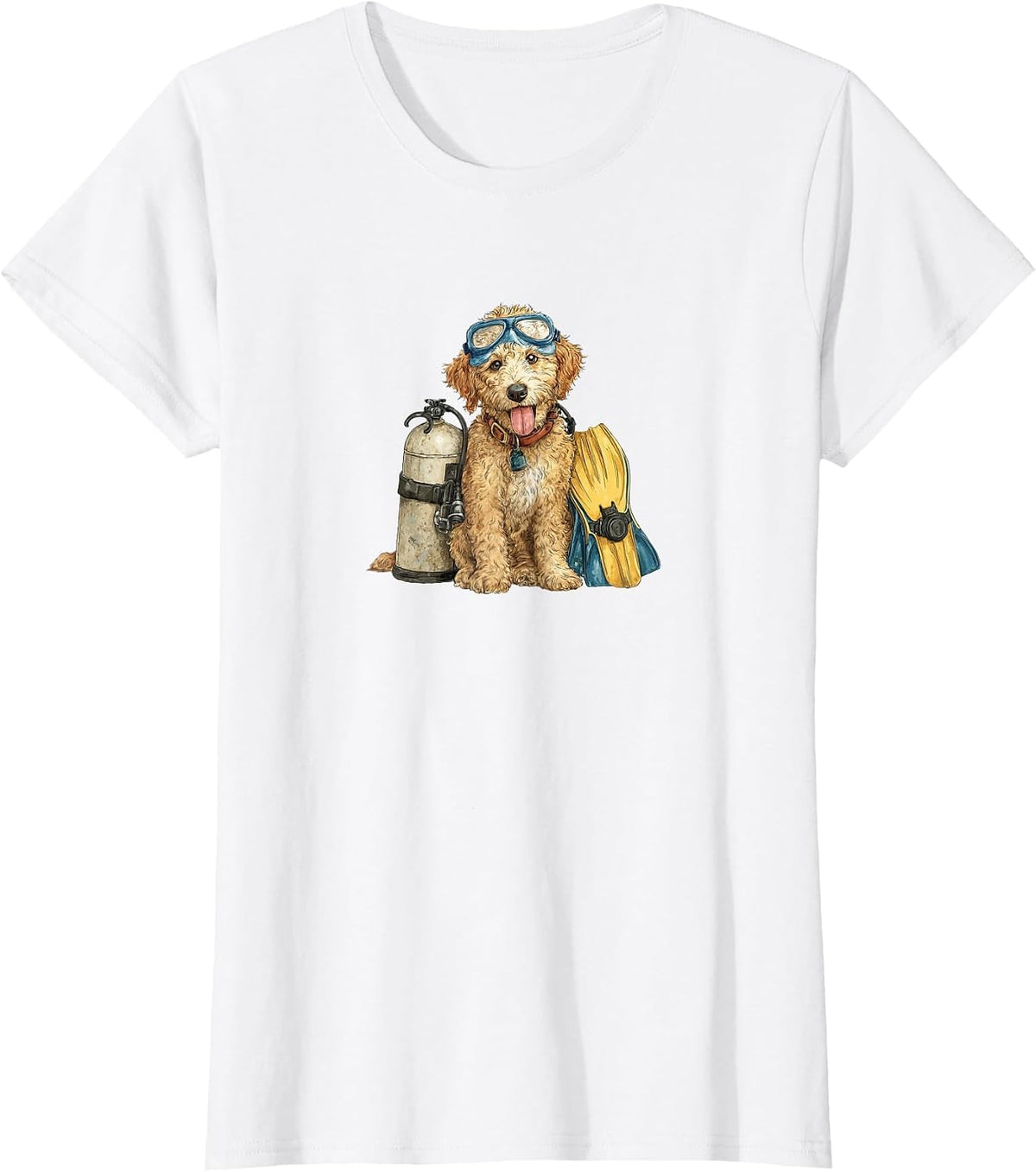 Funny Golden Doodle Puppy in Scuba Diving Gear T-Shirt - White