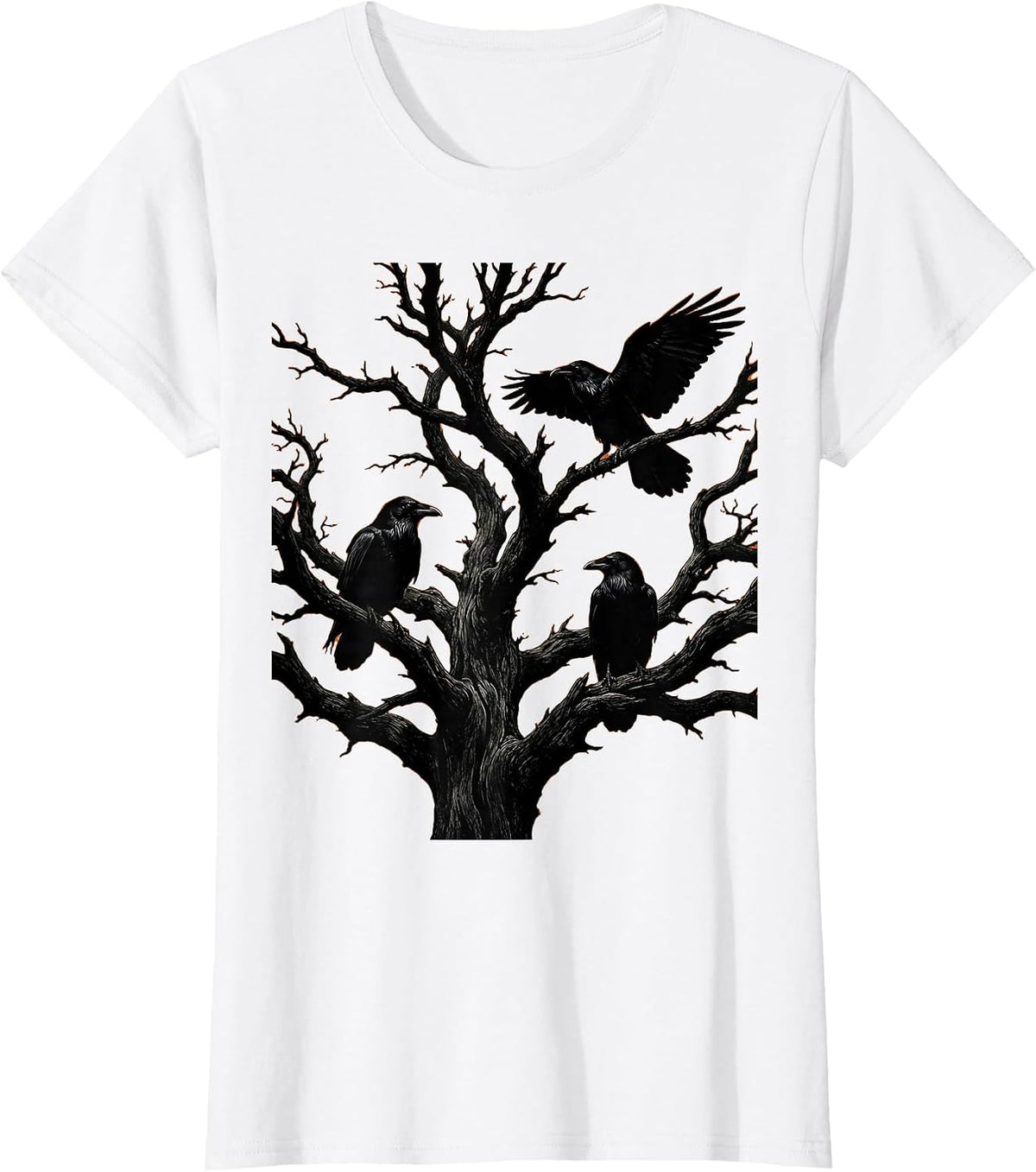 Women's Boys Halloween Ravens on Twisted Dead Tree T-Shirt - White