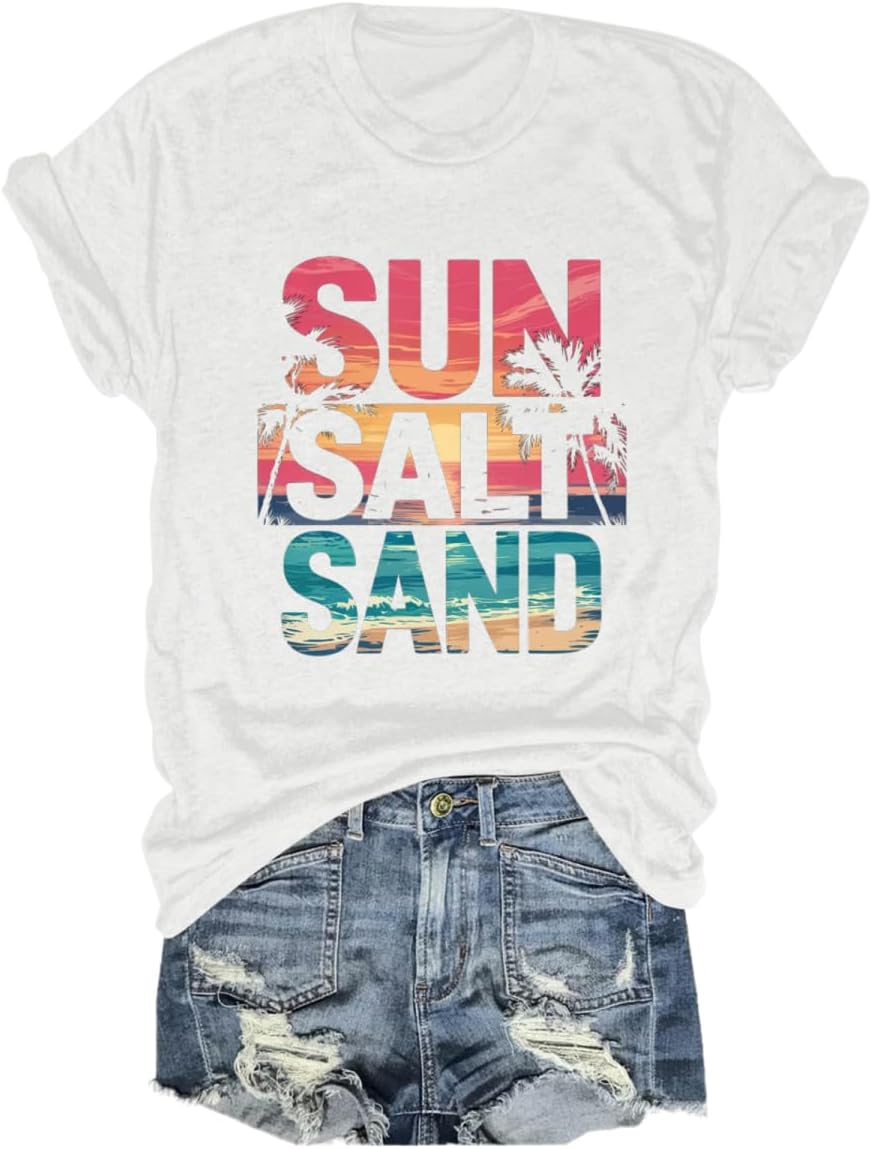 Beach Shirts for Women Sun Salt Sand Tshirt Summer Vacation Crew Neck Coconut Graphic Tees Lake Life T-Shirt - White
