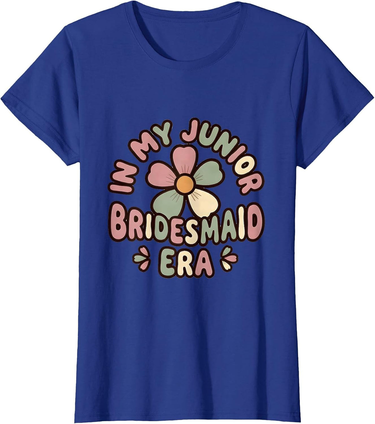Women's In My Junior Bridesmaid Era Retro Groovy Flower Novelty T-Shirt - Royal Blue