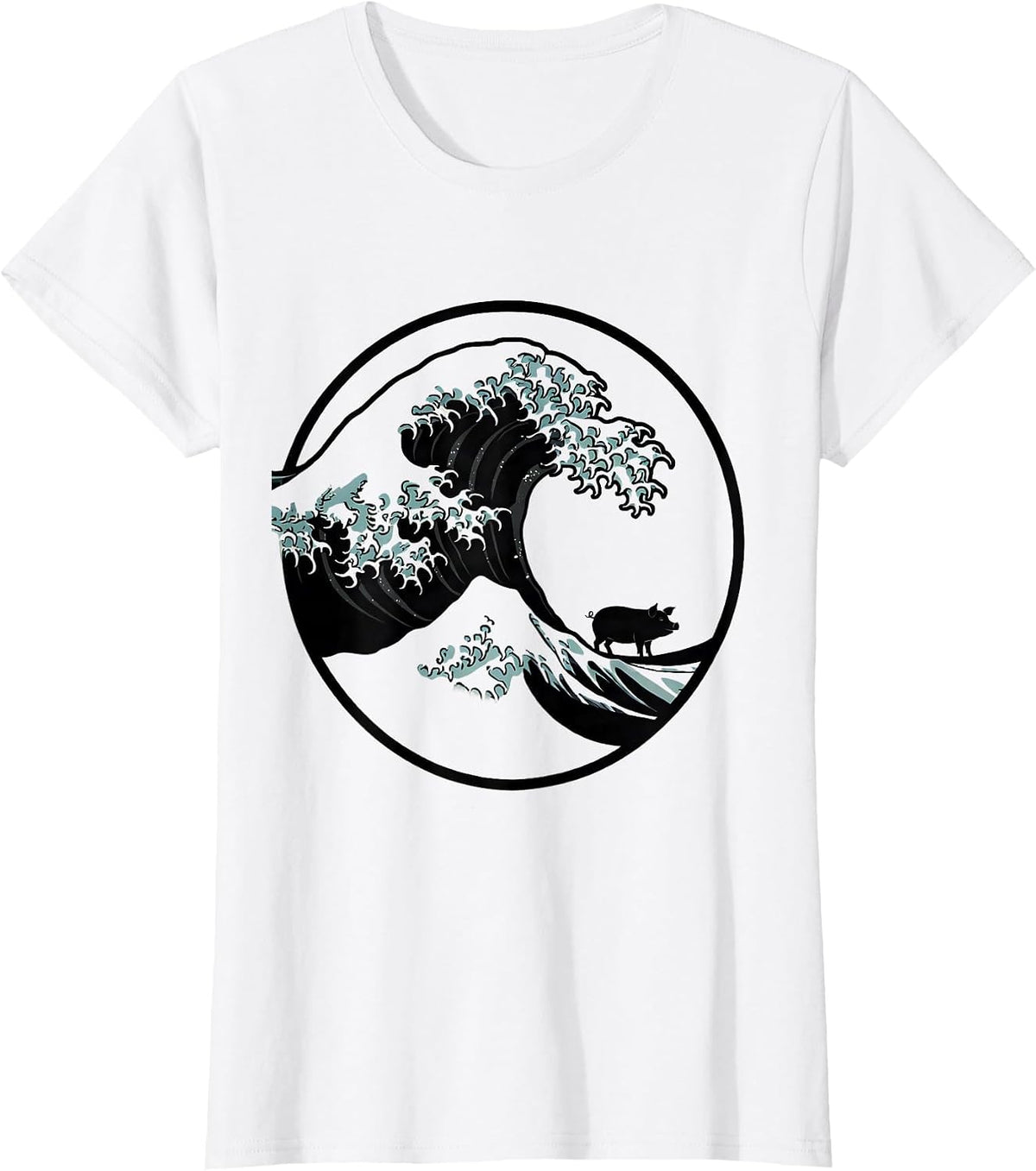 Great Wave Off Kanagawa Pig Silhouette Japanese Art Animal T-Shirt - White