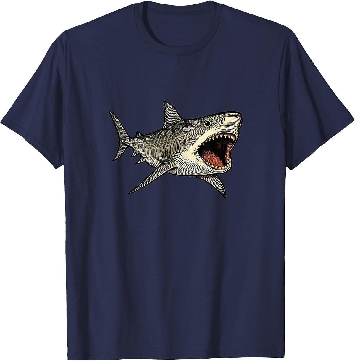 Tiger Shark with Open Mouth Ocean Design T-Shirt - Navy Blue