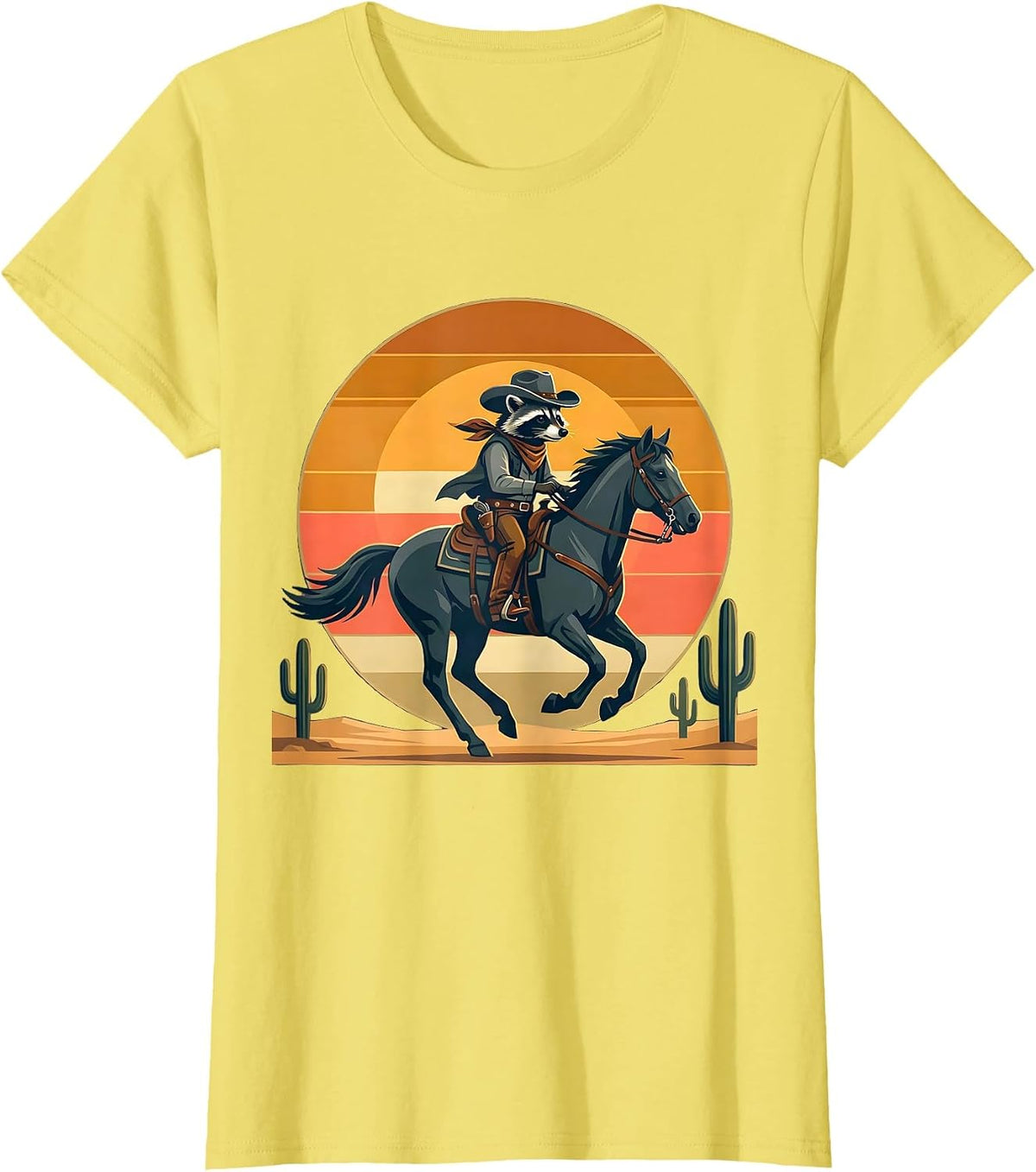 Raccoon Cowboy on Horseback Sunset Design T-Shirt - Lemon Yellow
