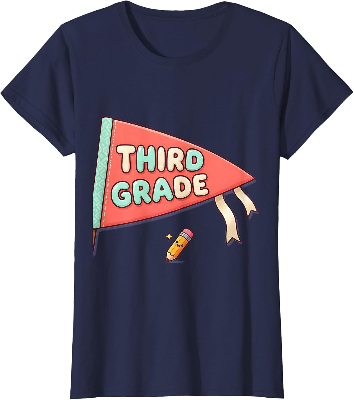 Women's Third Grade Cute Kawaii Back To School Pennant Flag T-Shirt - Navy Blue