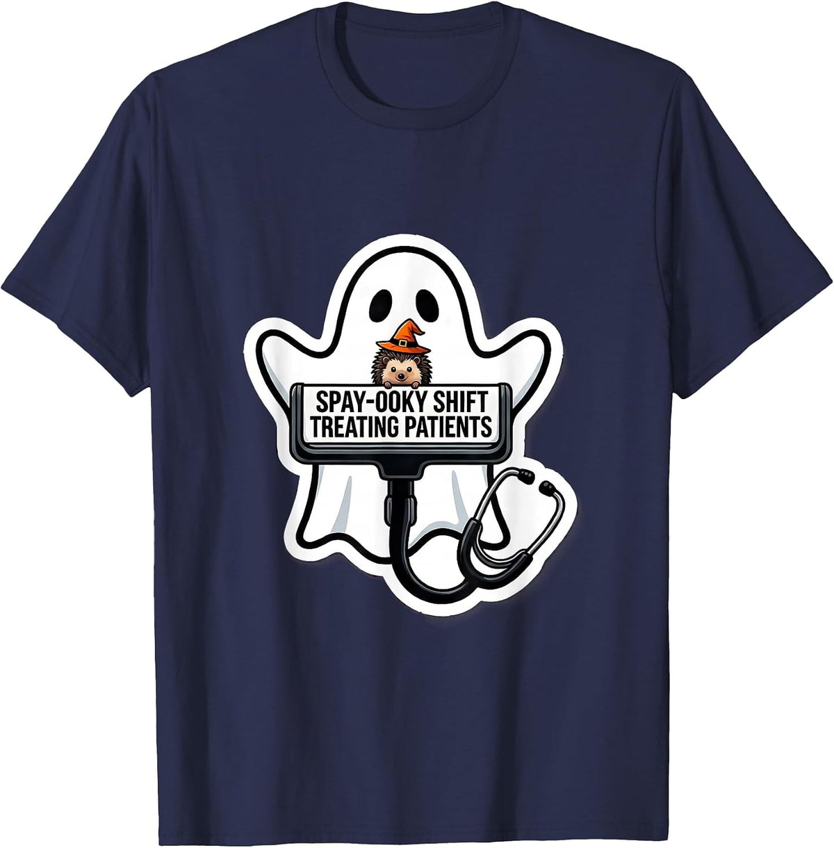 Men's Spay-ooky Shift Treating Patients Funny Vet Tech Halloween T-Shirt - Navy Blue