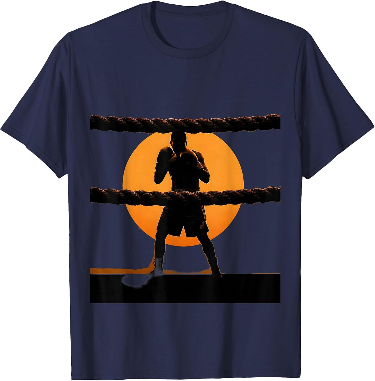 Boxing Fighter Silhouette Sunset Through The Ropes T-Shirt - Navy Blue