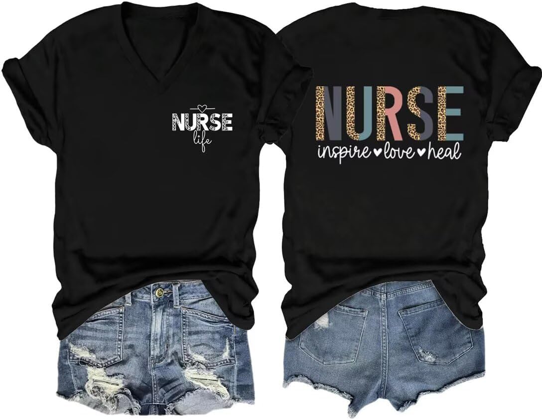 Womens Nurse V-Neck Shirts Nurse Inspire Love Heal V-Neck Nurse Shirt School Nursing Cute Nurse Tees - Z1-black