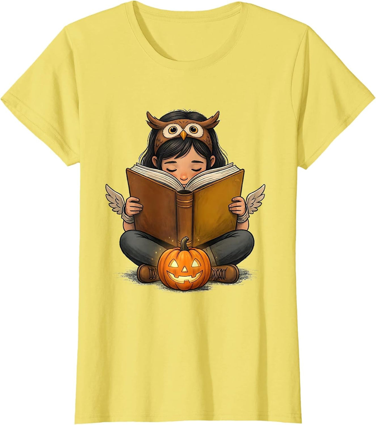 Bookworm Reader Halloween Felt Owl Ear Headband Illustration T-Shirt - Lemon Yellow