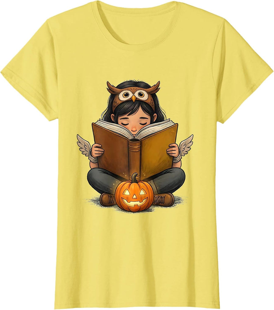 Bookworm Reader Halloween Felt Owl Ear Headband Illustration T-Shirt - Lemon Yellow
