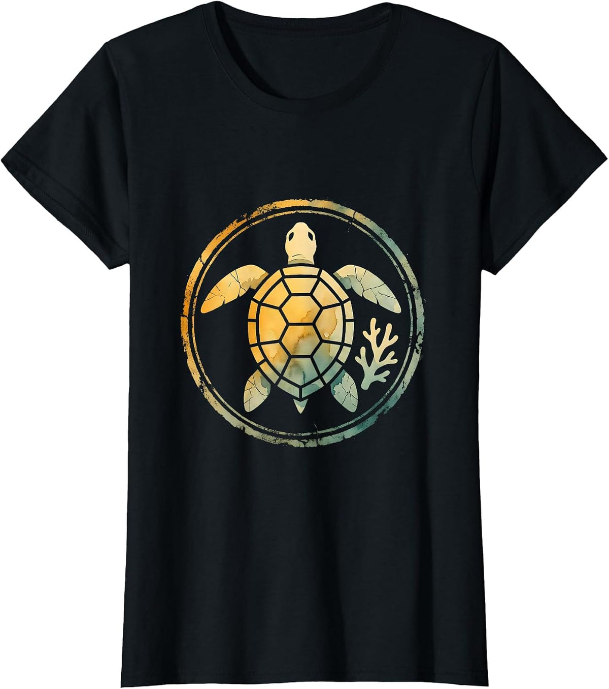 Women's Boys Hawaiian Sea Turtle Coral Reef Graphic T-Shirt - Black