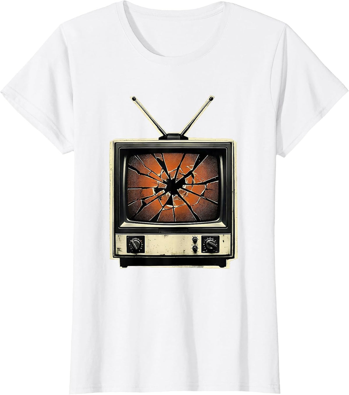 Grunge Smashed Vintage TV Static Illustration T-Shirt - White