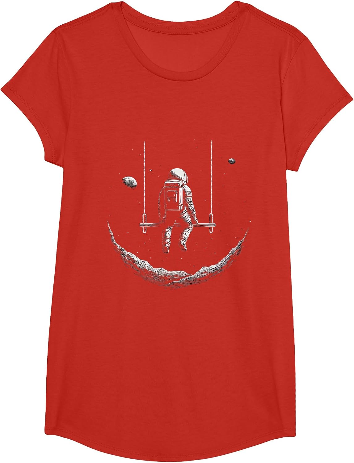 Astronaut Sitting on a Swing in Space Stars Moon T-Shirt - Girls Red