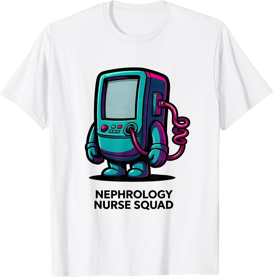 Men's Nephrology Nurse Squad Cartoon Dialysis Machine Humor T-Shirt - White