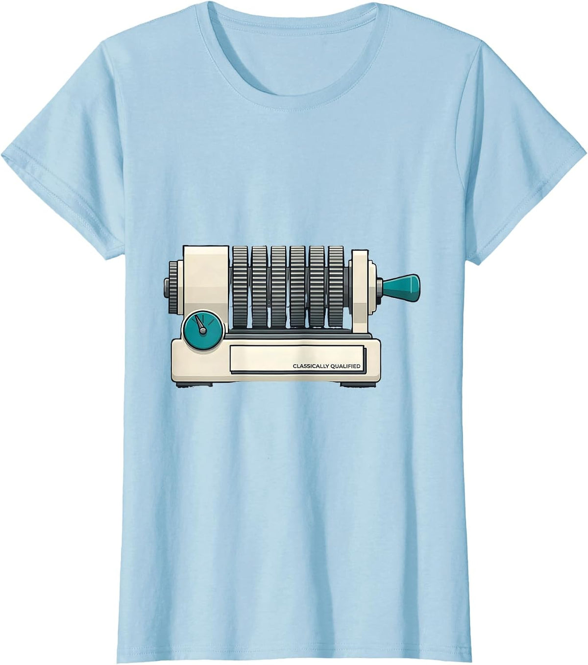 Women's Classically Qualified Retro Mechanical Analog Calculator T-Shirt - Baby Blue