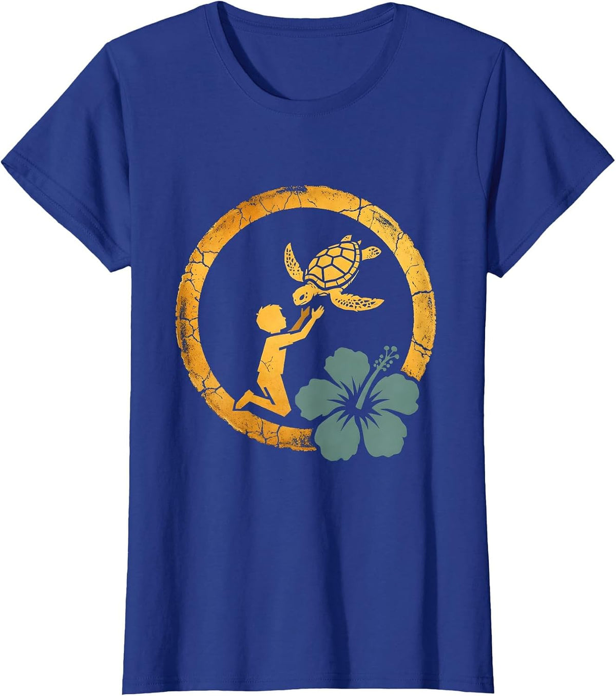 Women's Hawaiian Boy Releasing Sea Turtle Ocean Graphic T-Shirt - Royal Blue