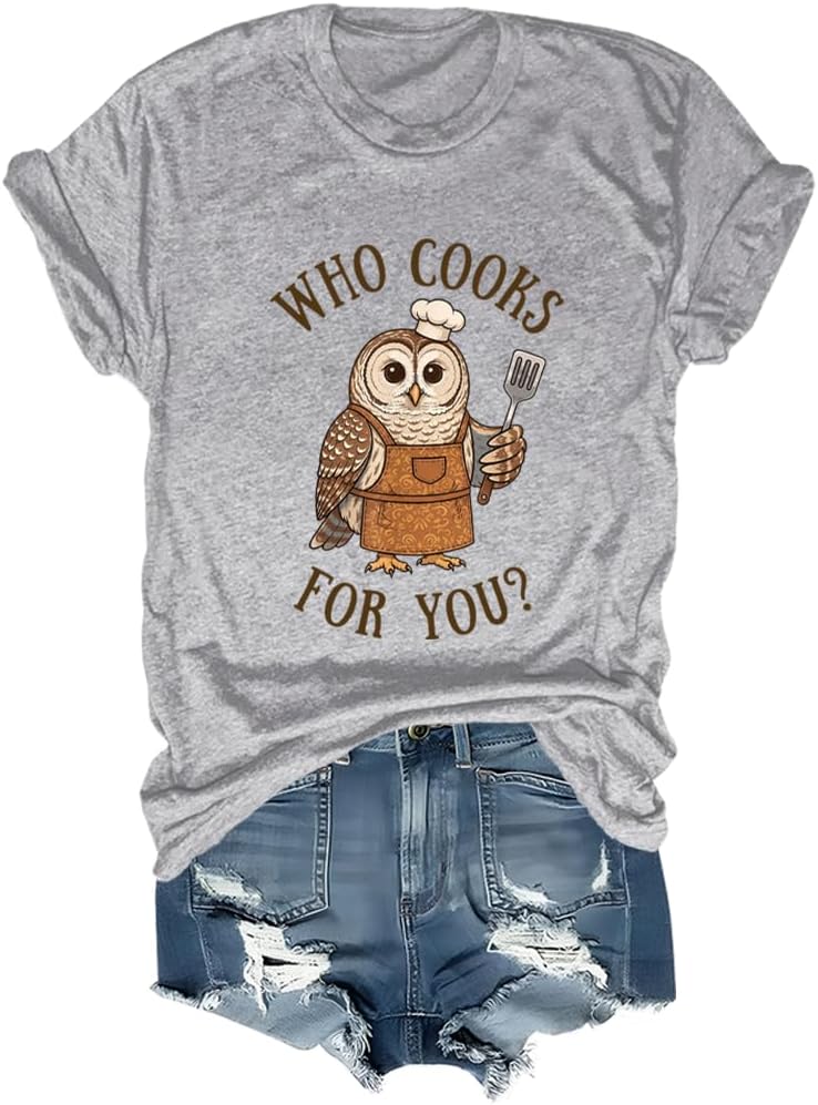 Who Cooks for You Owl Shirt Funny Barred Owl Chef Bird Lover Tee - Crew Neck Grey1