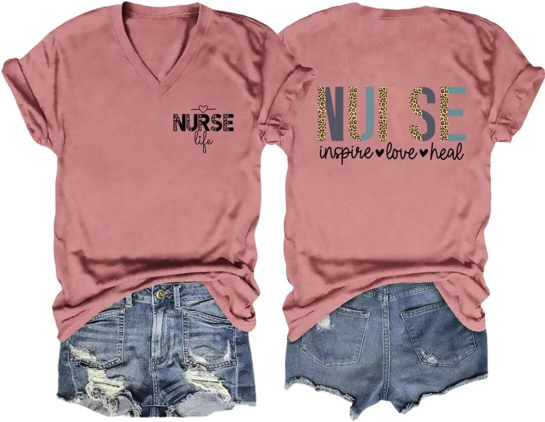 Womens Nurse V-Neck Shirts Nurse Inspire Love Heal V-Neck Nurse Shirt School Nursing Cute Nurse Tees - Z1-rose Gold