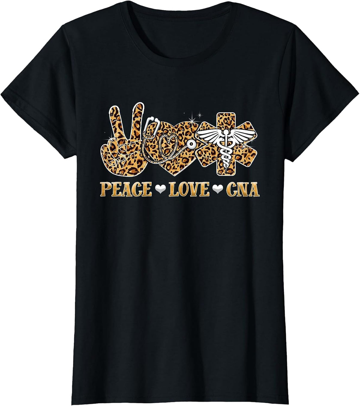 Peace Love CNA Nurse Life Leopard Print Stethoscope Heart Tee T-Shirt - Black