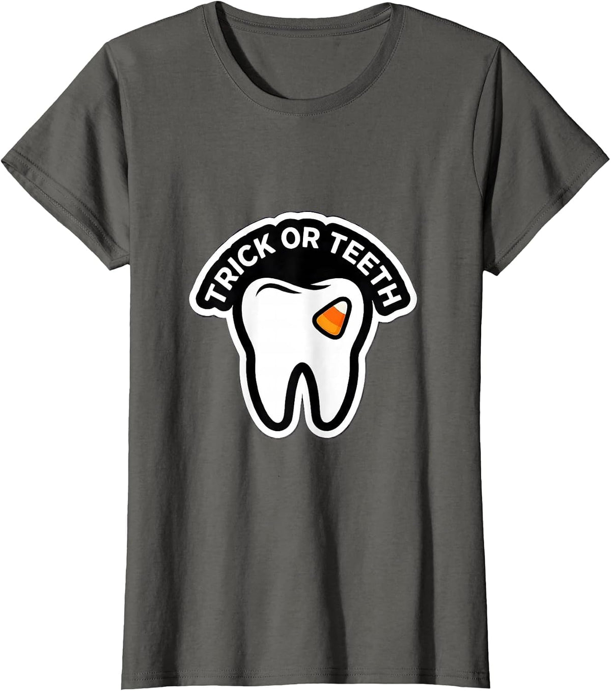 Women's Trick Or Teeth Sticker Style Halloween Dentist Dental Team T-Shirt - Asphalt Grey