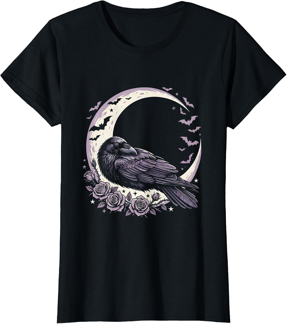 Crescent Moon Sleeping Raven Gothic Night Design T-Shirt - Black