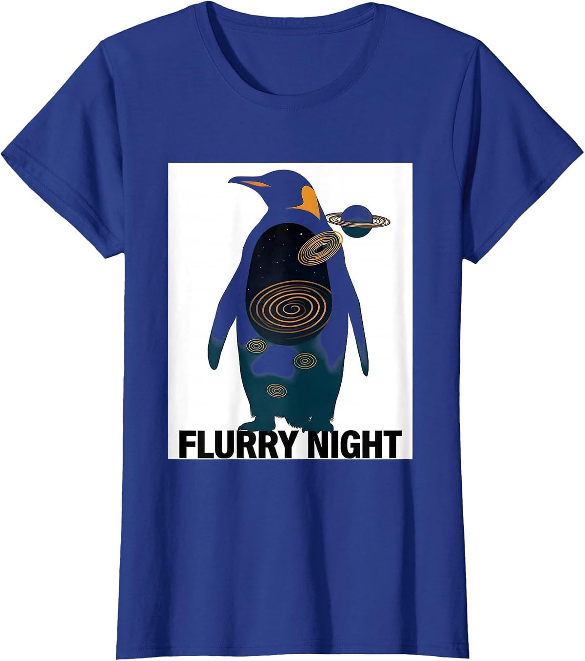 Women's Flurry Night Penguin Van Gogh Animal Lover Art T-Shirt - Royal Blue