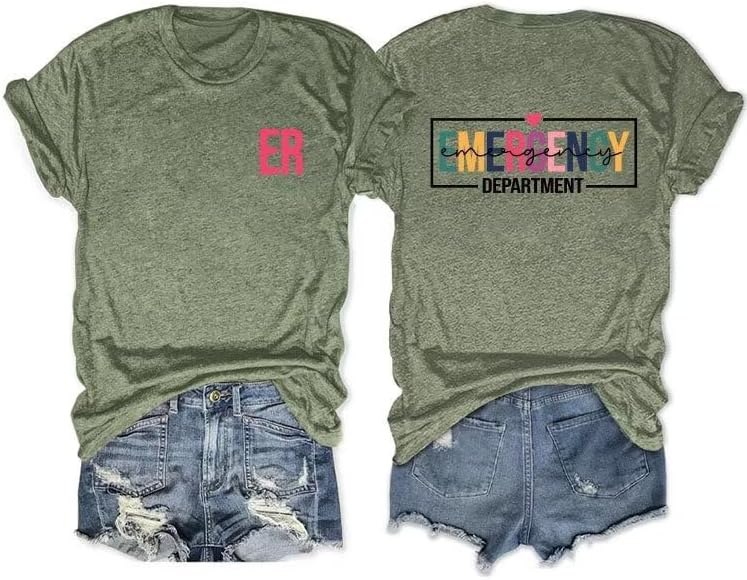 Nurse Shirts Women Emergency Department T-Shirt Funny Back and Front Graphic Tee Casual Crew Neck Tee Tops Nurse Shirt -