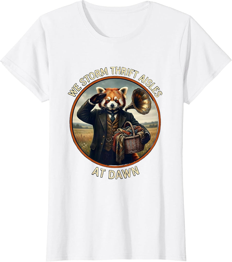 Women's We Storm Thrift Aisles At Dawn Funny Red Panda Thrifting T-Shirt - White